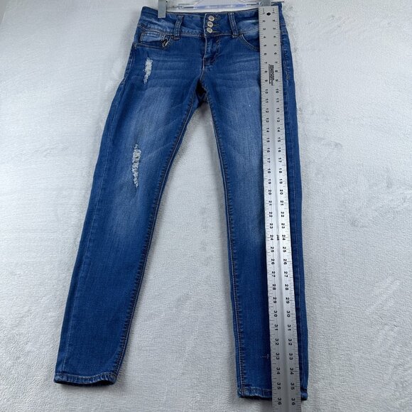Almost Famous Skinny Jeans Mid Rise Distressed Women Size 7 Medium Wash Blue - Picture 8 of 12